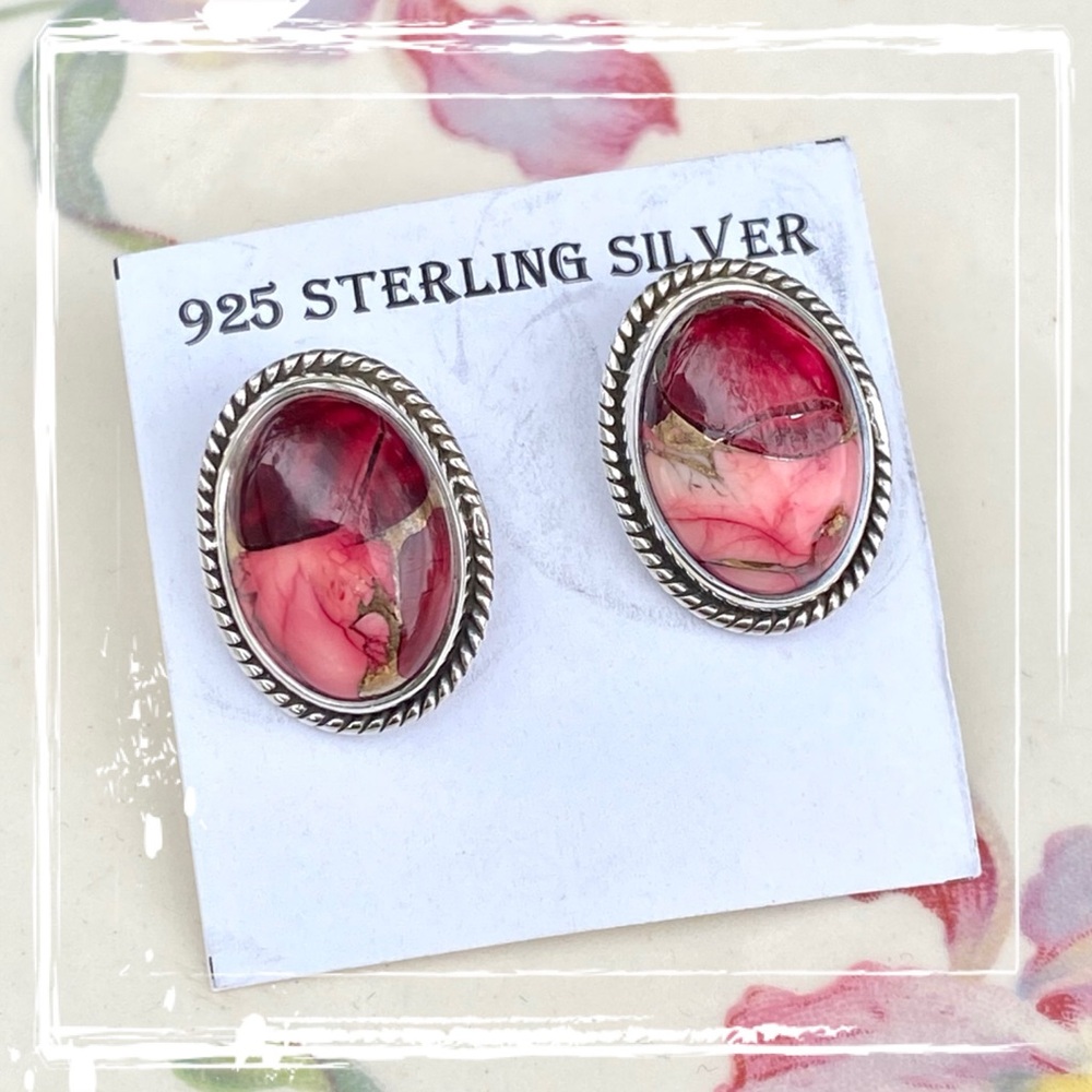 Navajo Sterling Silver & Pink Rose Dahlia Post Back Earrings